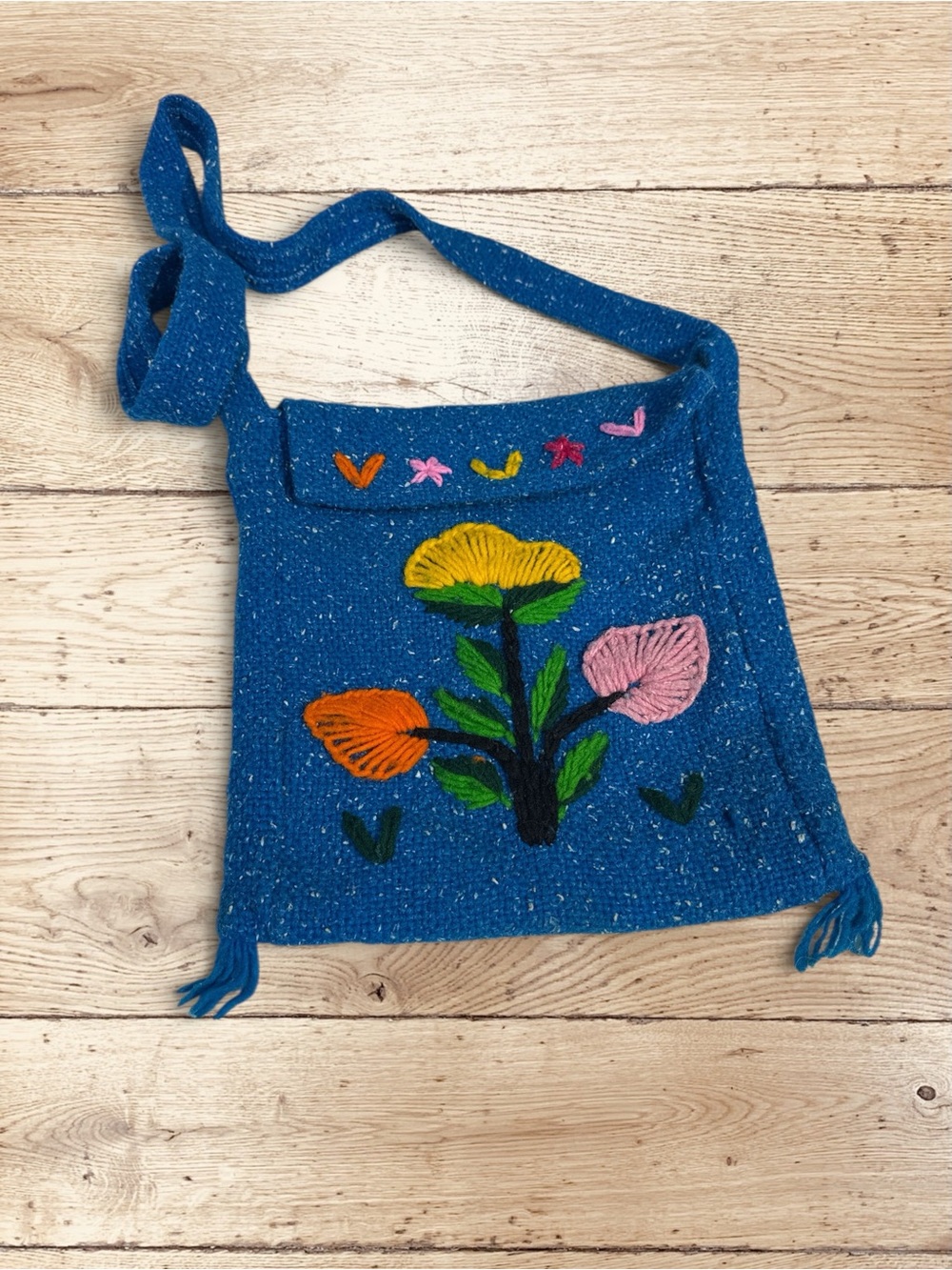 Handmade Embroidered Floral Blue Boho Folk Art Crossbody Bag